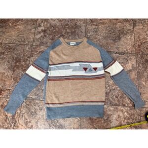 Vintage J Riggins Mens Geometric Intarsia Knit Sweater Tan Grey Crewneck Raglan